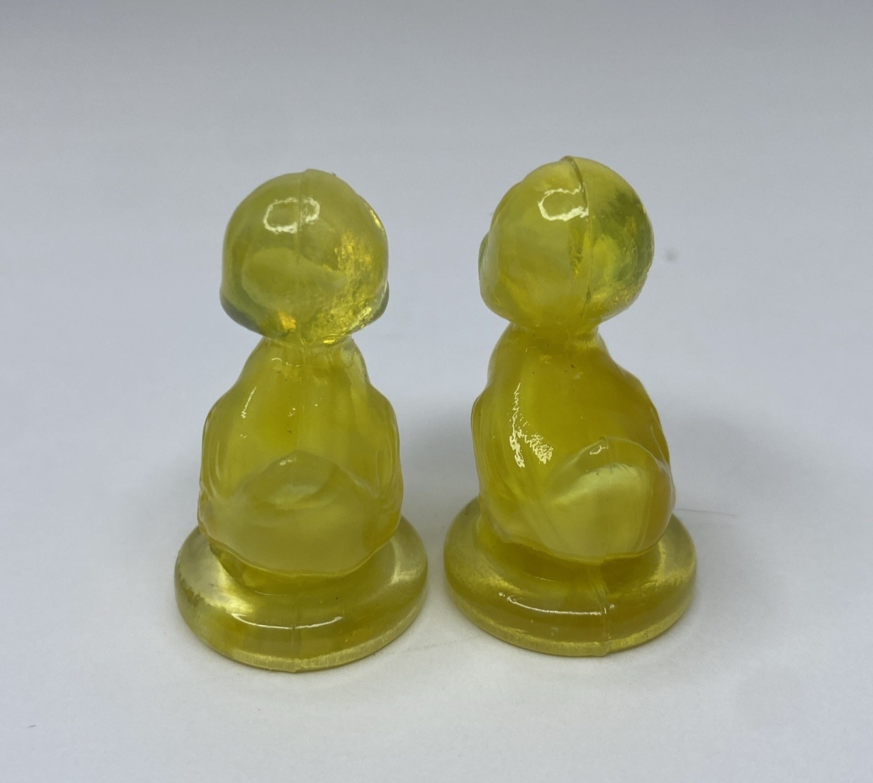 2 Small Boyd Debbie Ducks Yellow Slag Glass Figurines Glows Yellow
