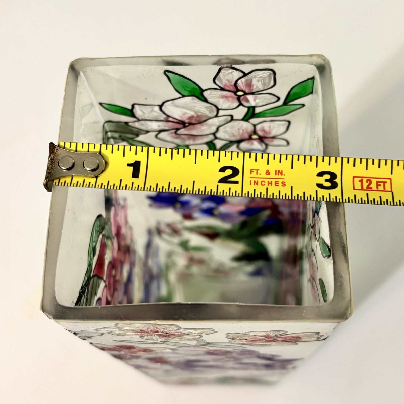 Joan Baker Vase Stained Glass Hand Painted Hummingbird Flowers Purple Green