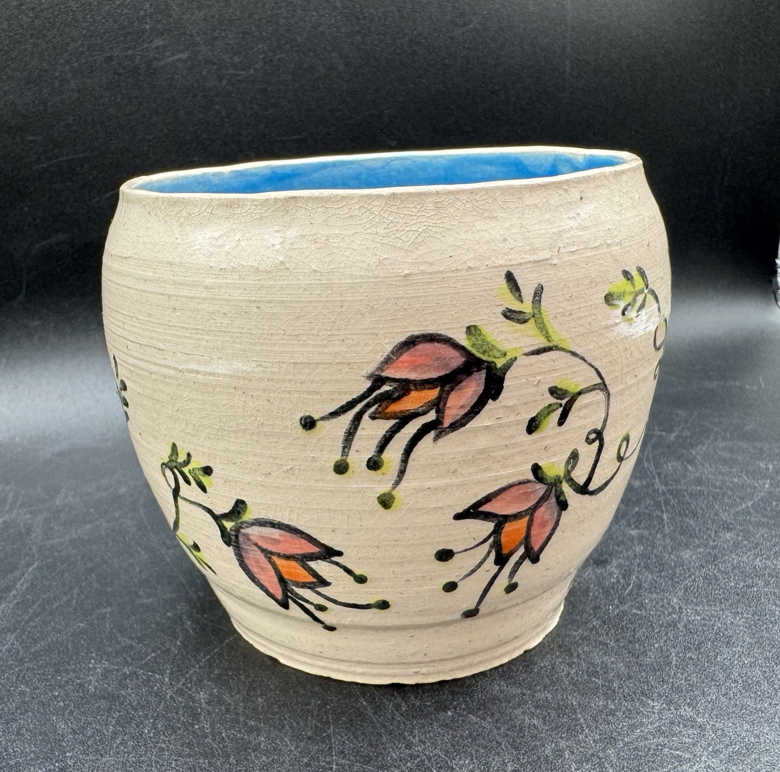 Art Pottery Hand painted Blue Birds Planter Pot Coral Floral Signed {Is} 4” W