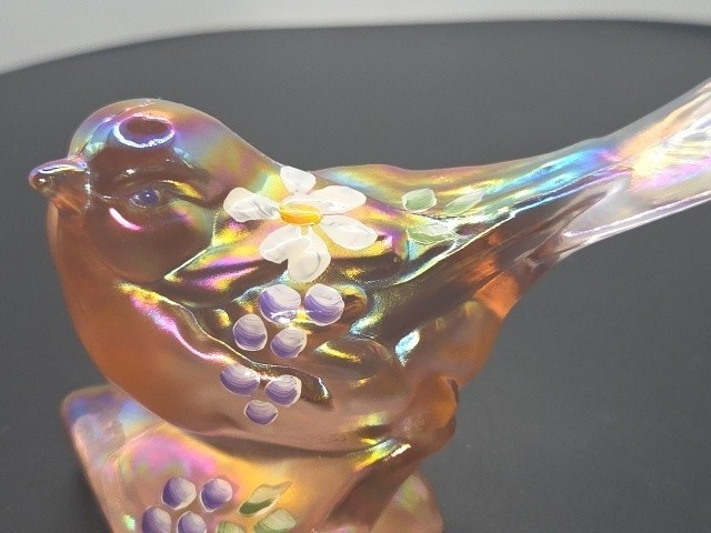 Fenton Pink Pearl Iridized Glass Bird on a Branch Hand Painted w Daisies+