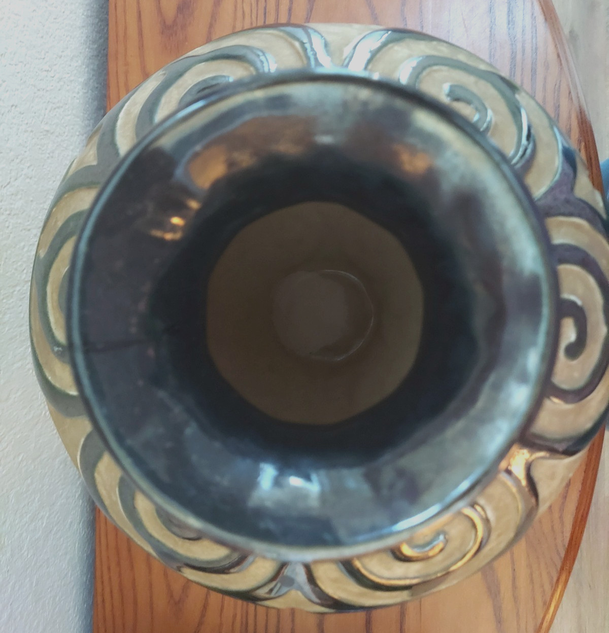 Vtg Matte Tan and Bronze METALLIC Ceramic Pottery Vase 10.5 in X 9 In Initialed