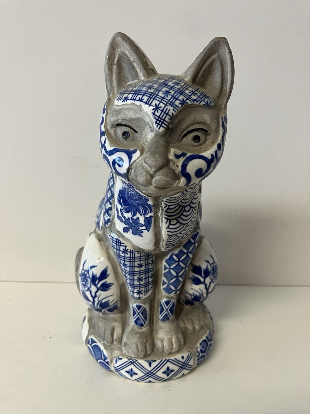 Vtg 1981 Nancy Lopez Pottery Patchwork Tile Cat Planter Blue & White Japan