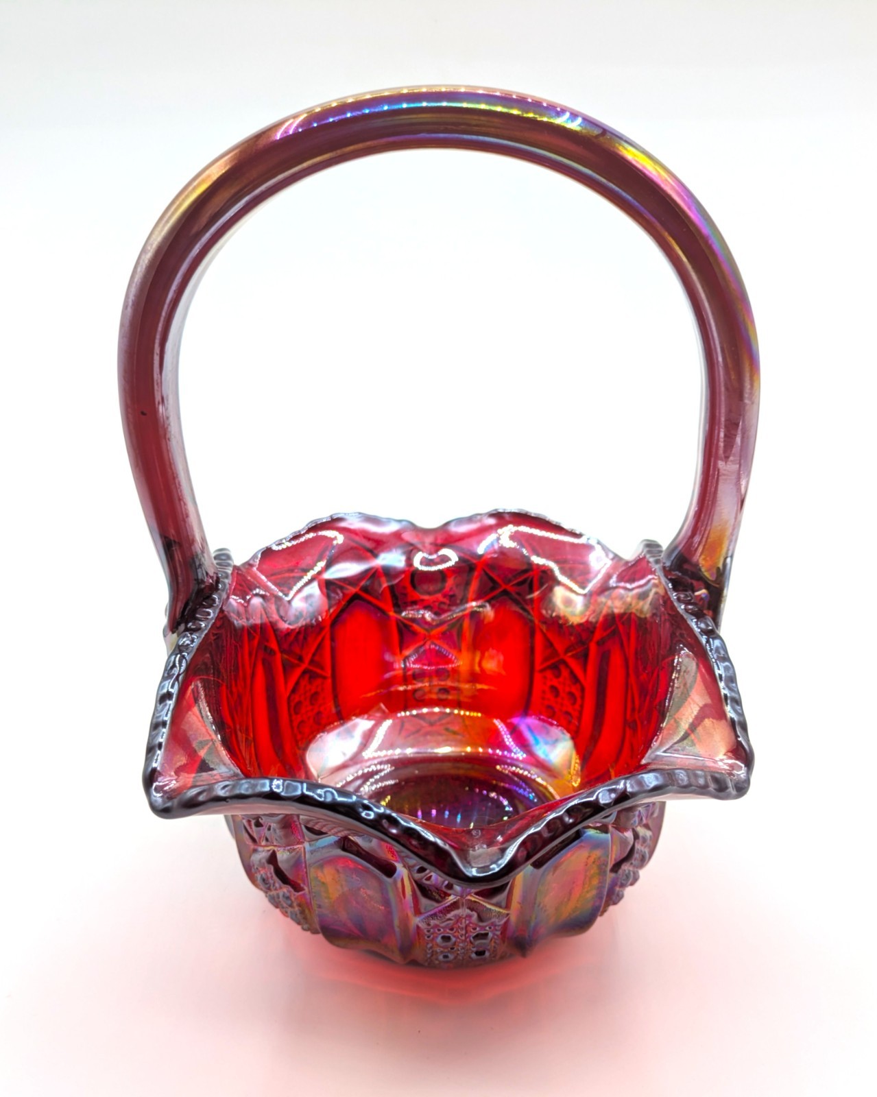Vintage L E Smith Ruby Red Iridescent Quintec Carnival Glass Basket