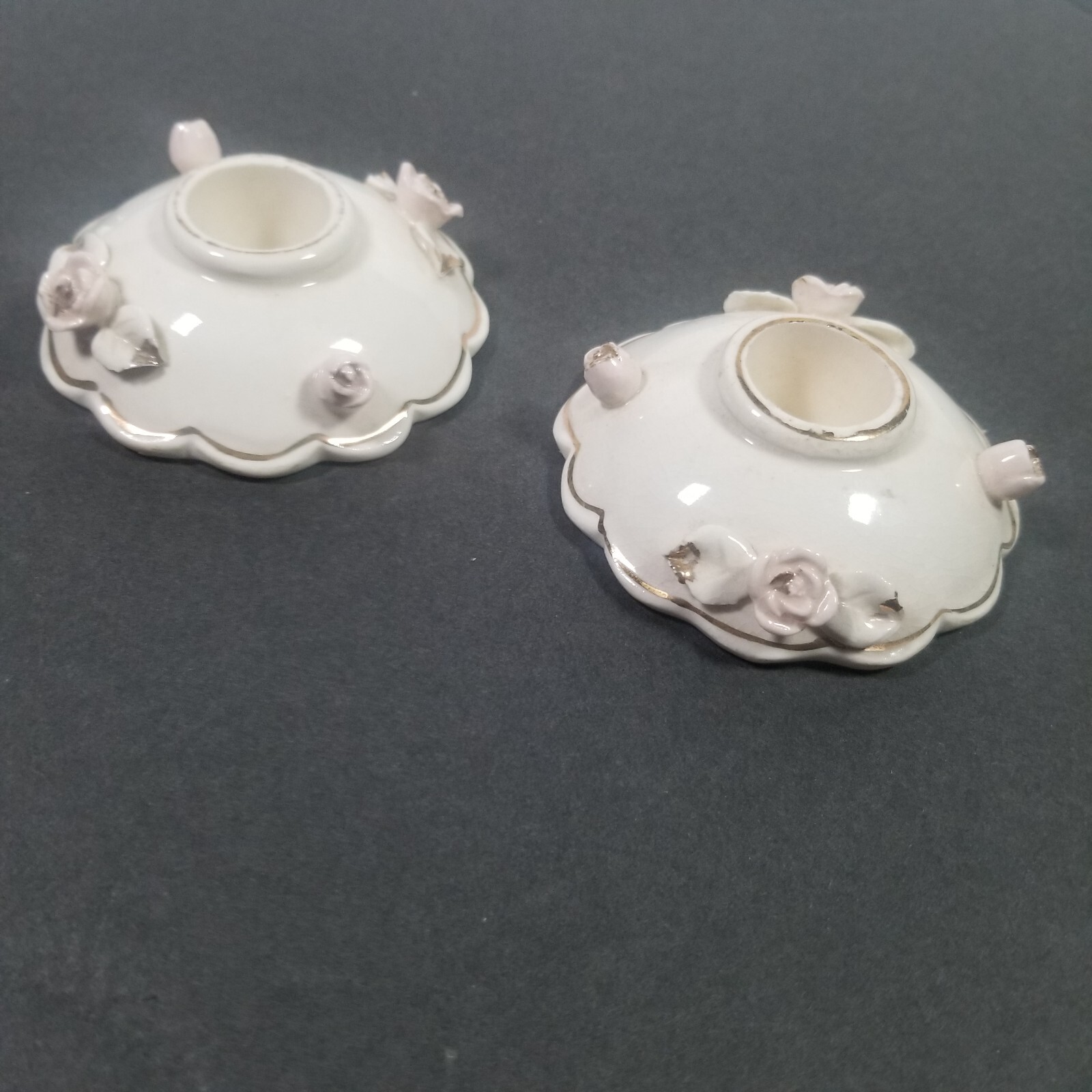 Vintage Pair of RELCO Porcelain Candle Holders with Pink Roses Japan Boudoir