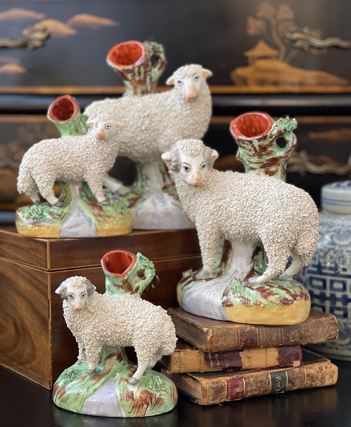 Set 2 Antique Russet English Staffordshire Sheep Lamb Ram Ewe Spill Vase 5/7.25”