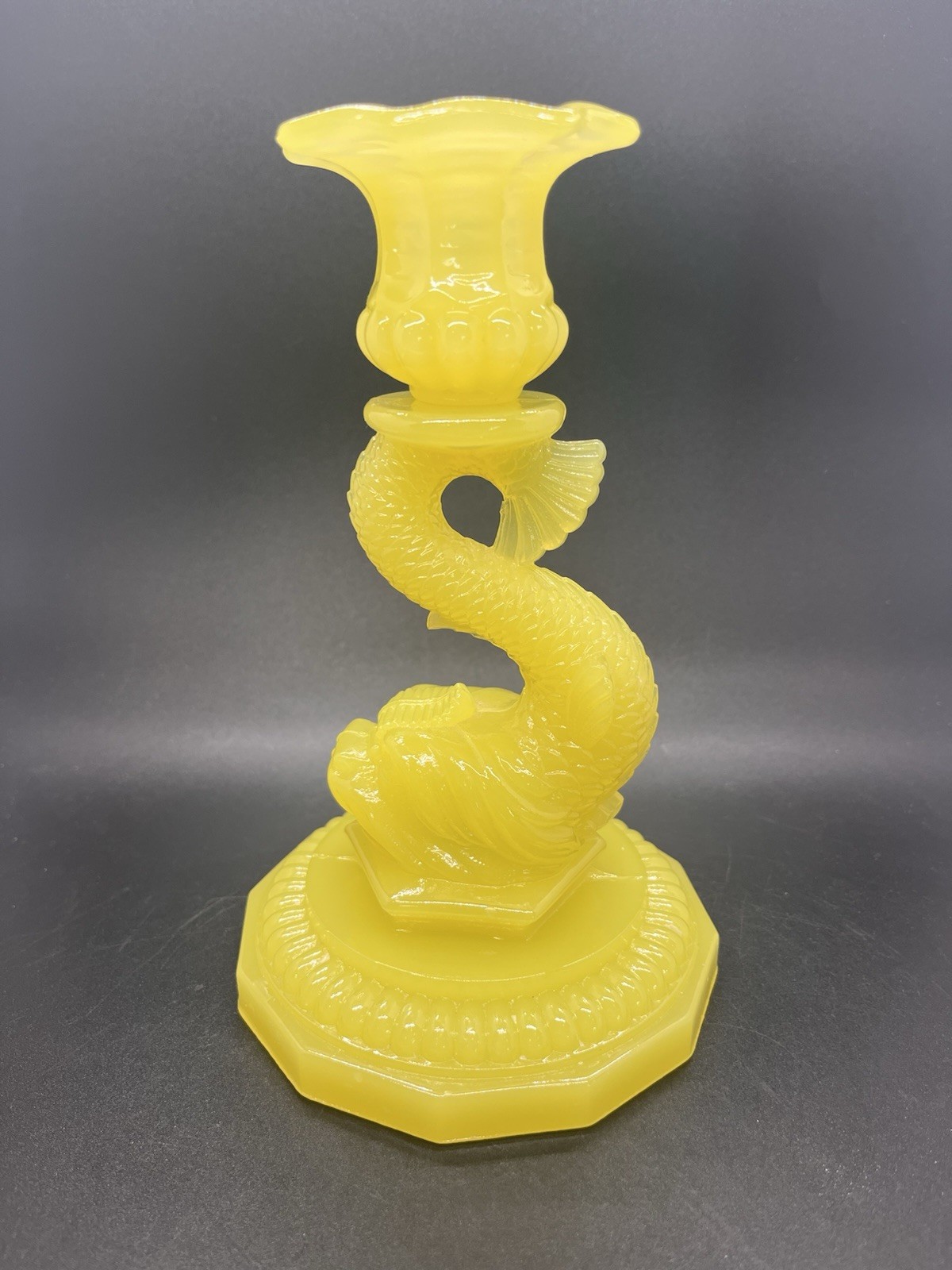 EAPG Rare Vntg Portieux Vallerysthal Canary Vaseline Glass Dolphin Candlestick