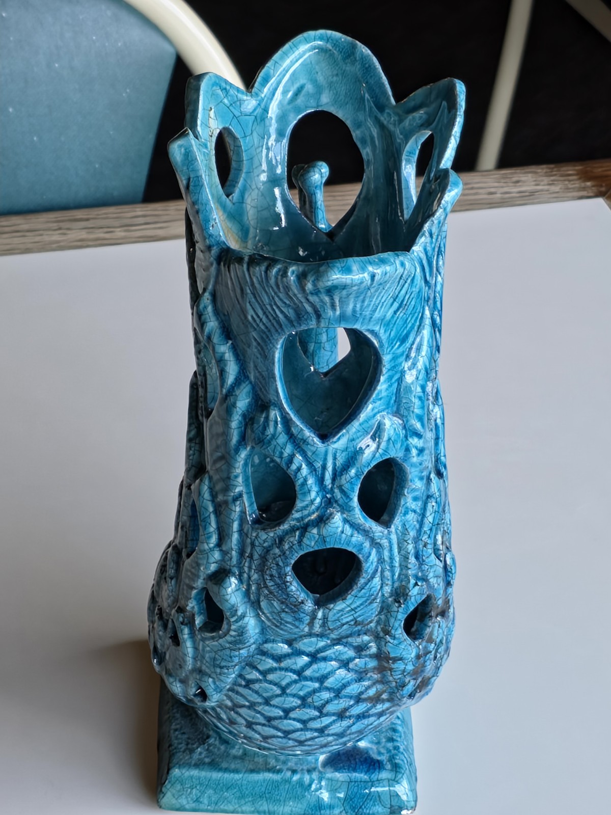 Vintage Blue Crackle Glaze porcelain peacock Figurine Vase 12″