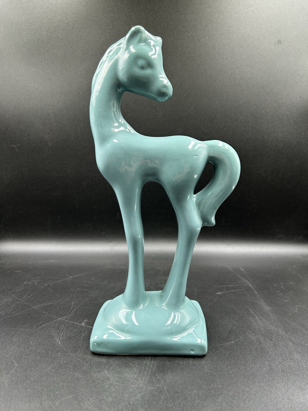 MCM Roselane Pottery Blue Aqua Ceramic Horse Stylized Long Legs Curved Neck USA