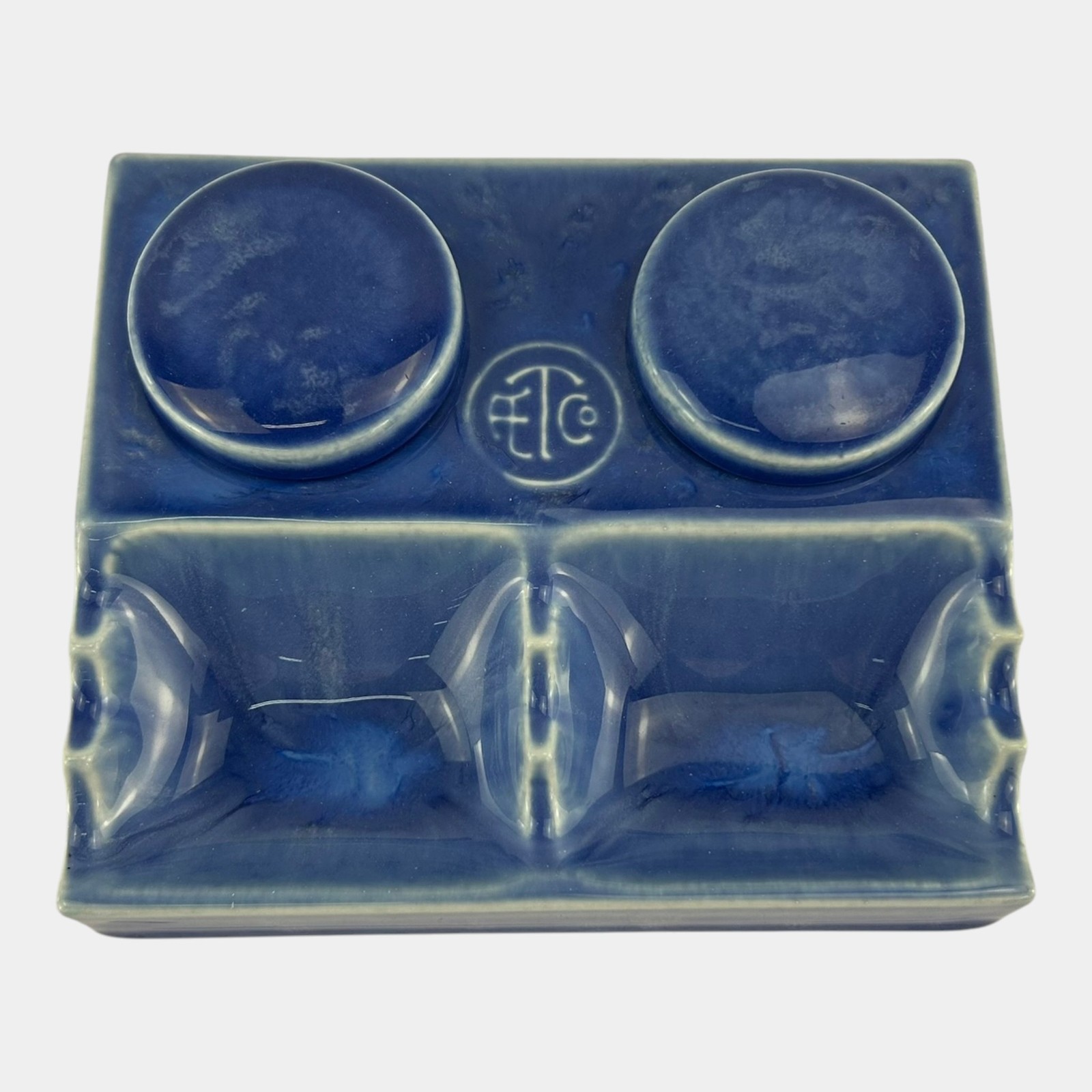 American Encaustic Tile Co AETCO Art Pottery Blue Advertising Ceramic Inkwell