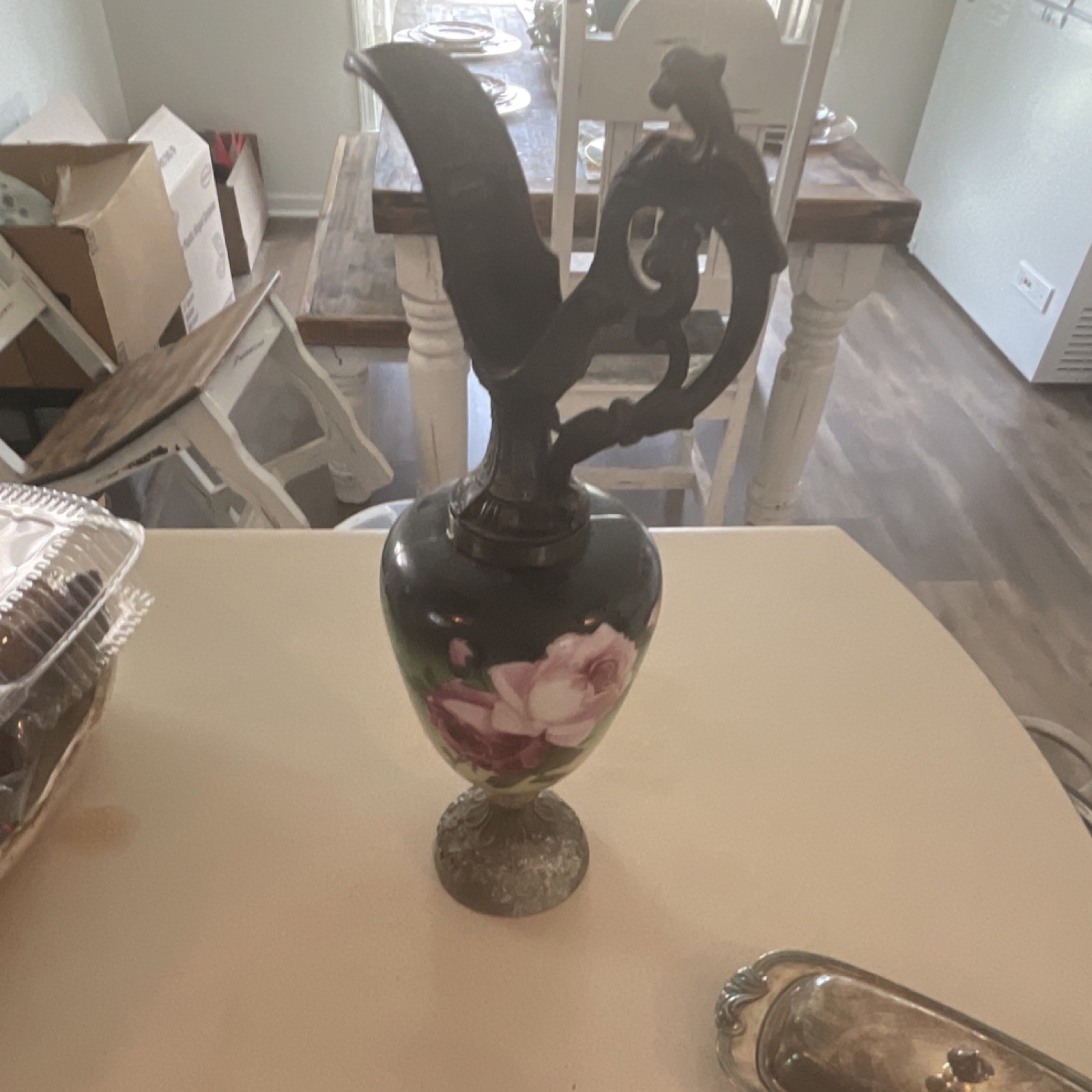 Black Pink Green Ceramic Decorative Vase with Floral Pattern, Metal Handle