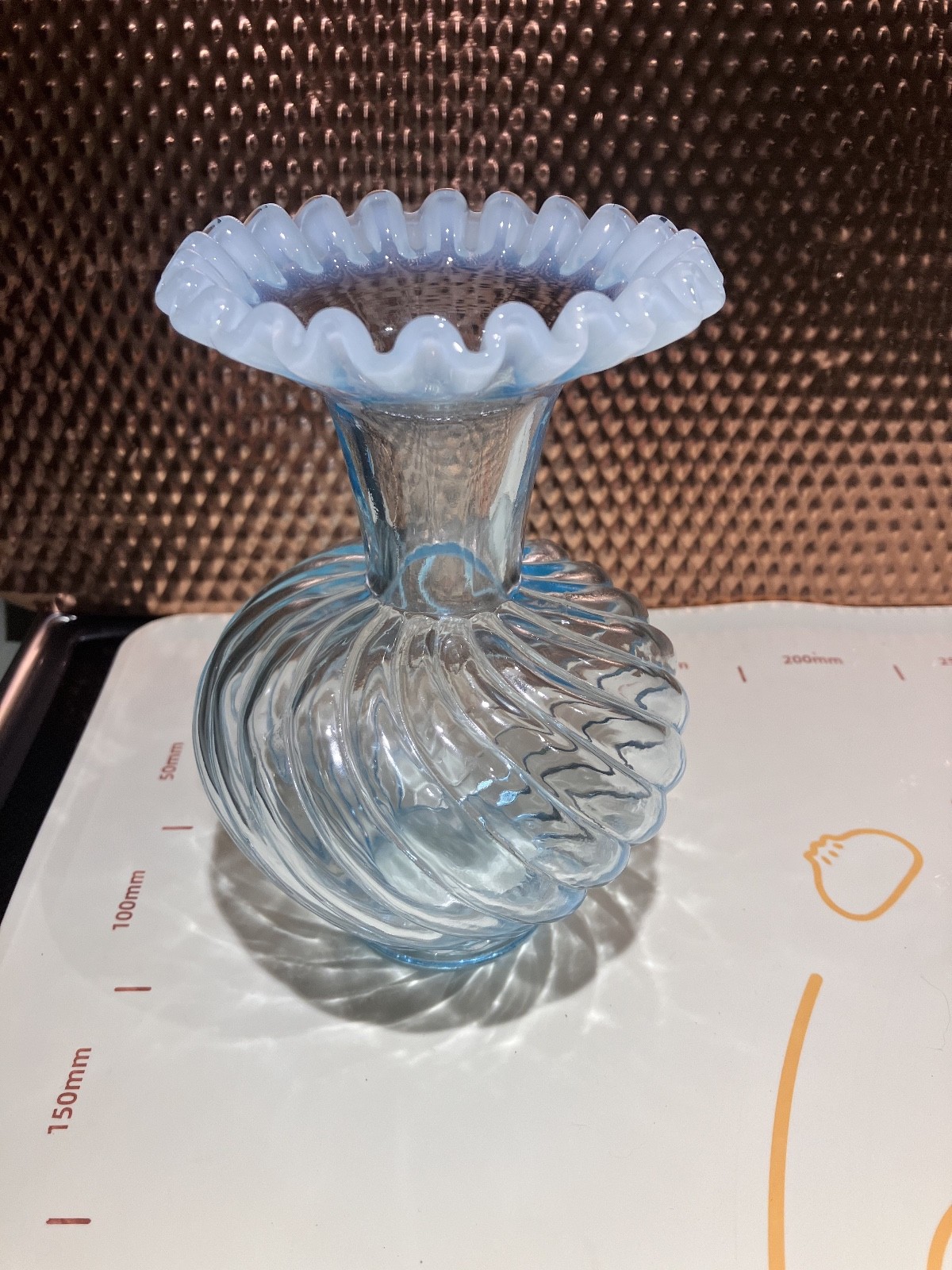 Vintage FENTON Clear Light Blue Melon Spiral Twist Ruffle Top VASE 6 inches