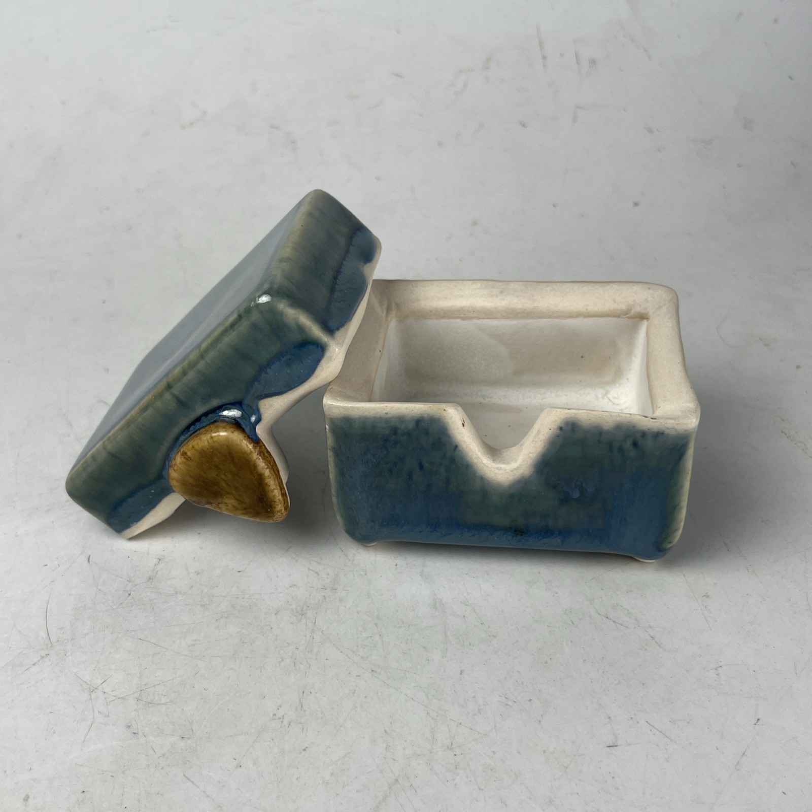 Handmade Art Pottery Rectangle Trinket Box, Keepsake, Ring Holder, Blue Green