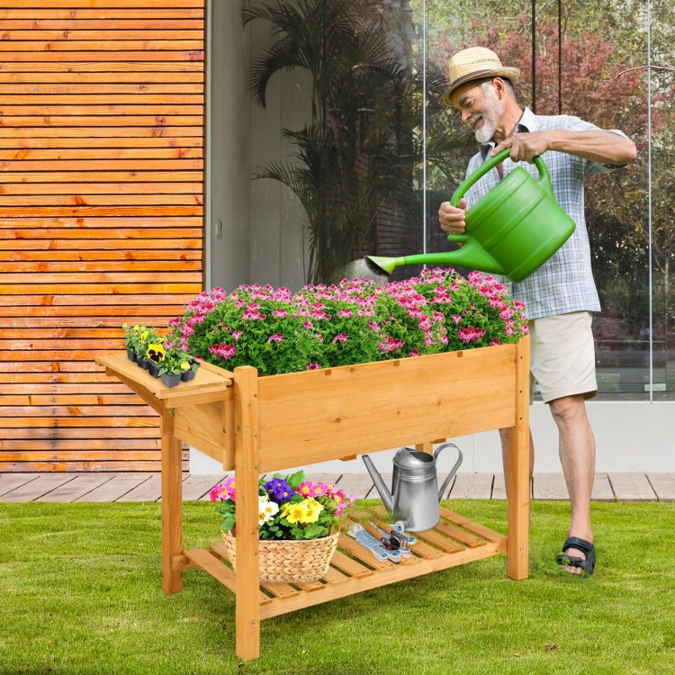 Elevated Fir Wood Garden Bed with 8-Grid Shelf and Tabletop