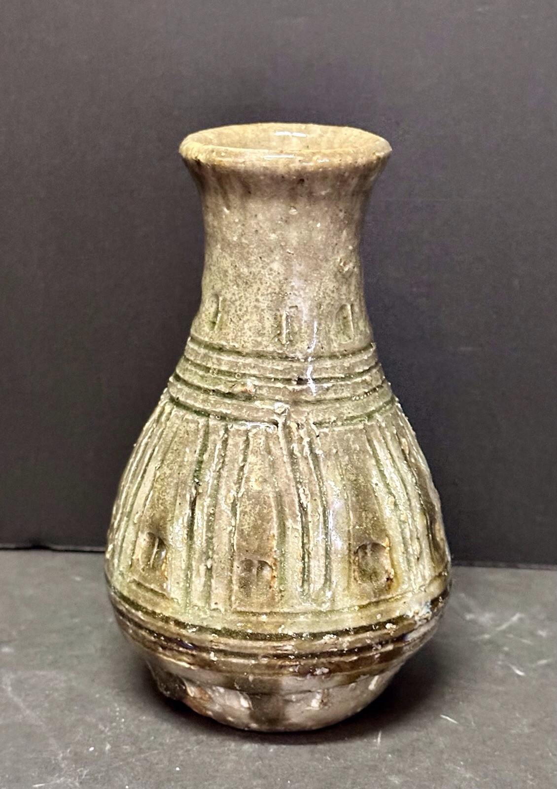 Vintage Mid Century Glazed Stoneware Bud Vase Hand Made Brown Striped Small