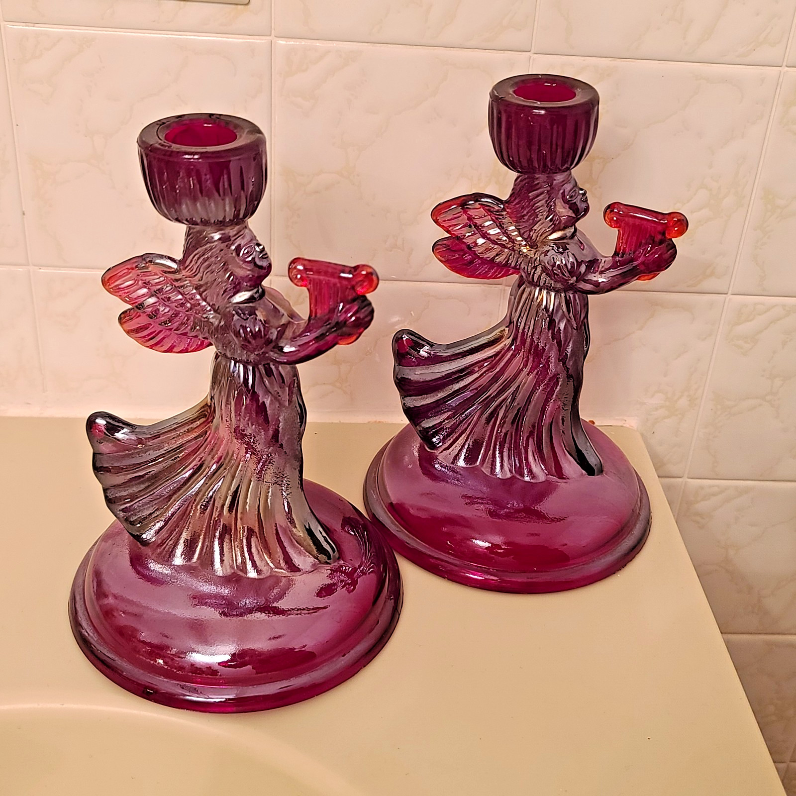 Pair Of Red Carnival Glass Angel Candle Holders Glows Orange Under Blacklight