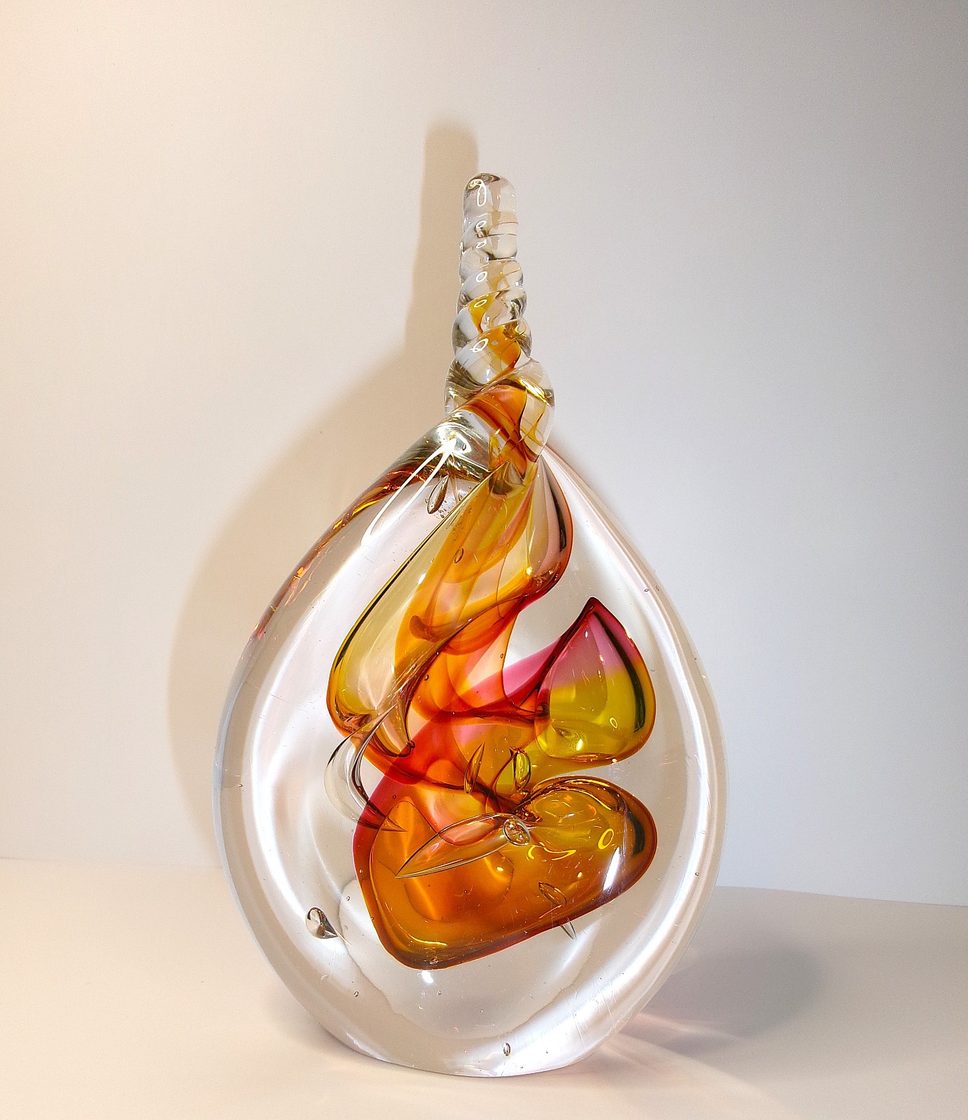 Marion PYRCAK Art Glass Crystal Twisted TEARDROP Paperweight Signed Orange Pink