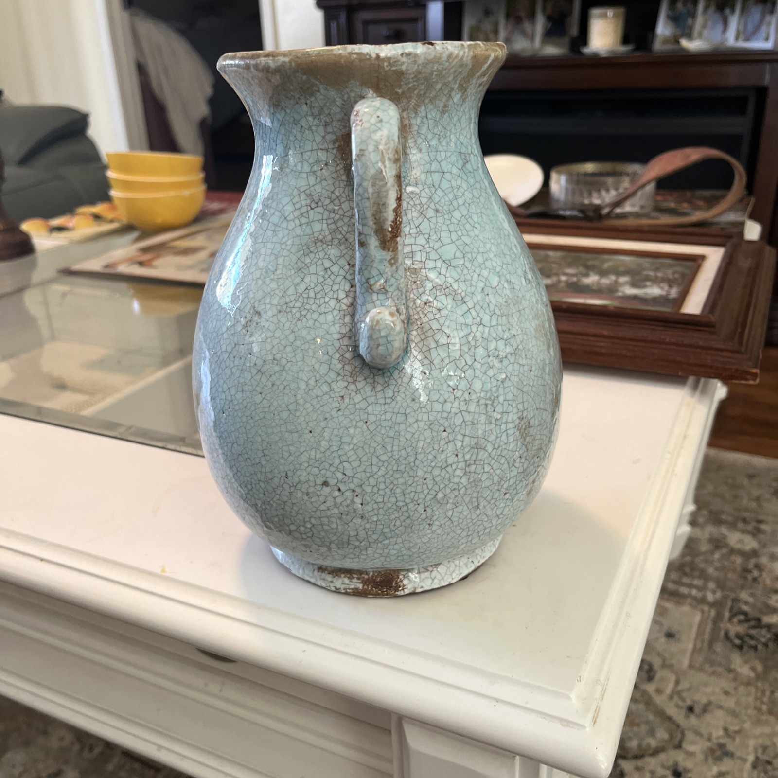 9 Inch By 7 Inch Light Blue Crackled Paint 2 Handled Vase