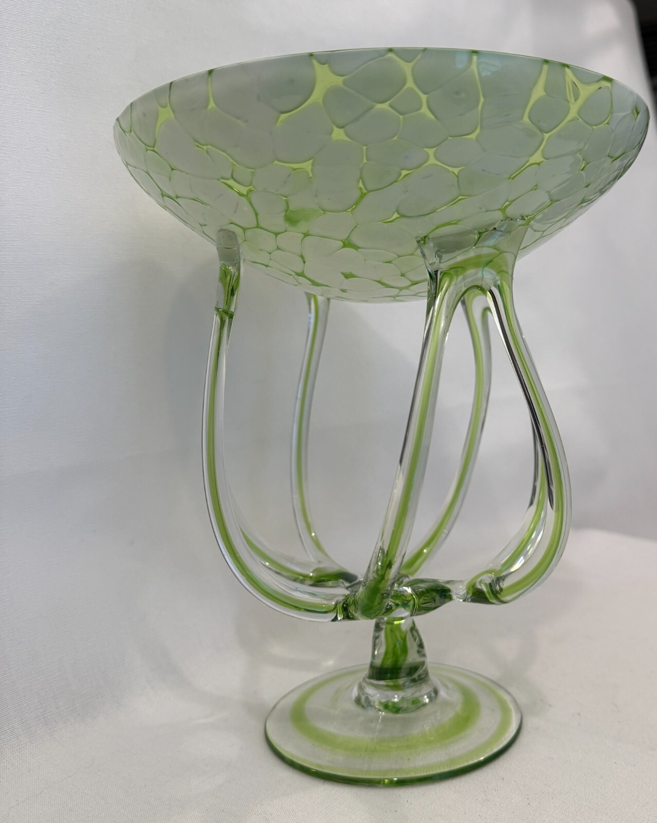 KROSNO ART GLASS JELLYFISH – OCTOPUS BOWL 8 x4 in GREEN & WHITE CENTER PIECE