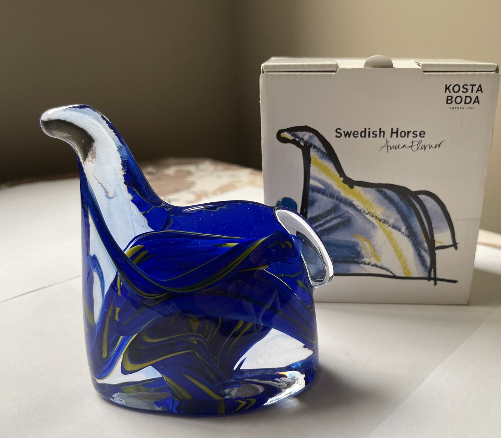 Kosta Boda Swedish Horse Art Glass Figure w/ Cobalt Blue & Yellow Swirls Sweden