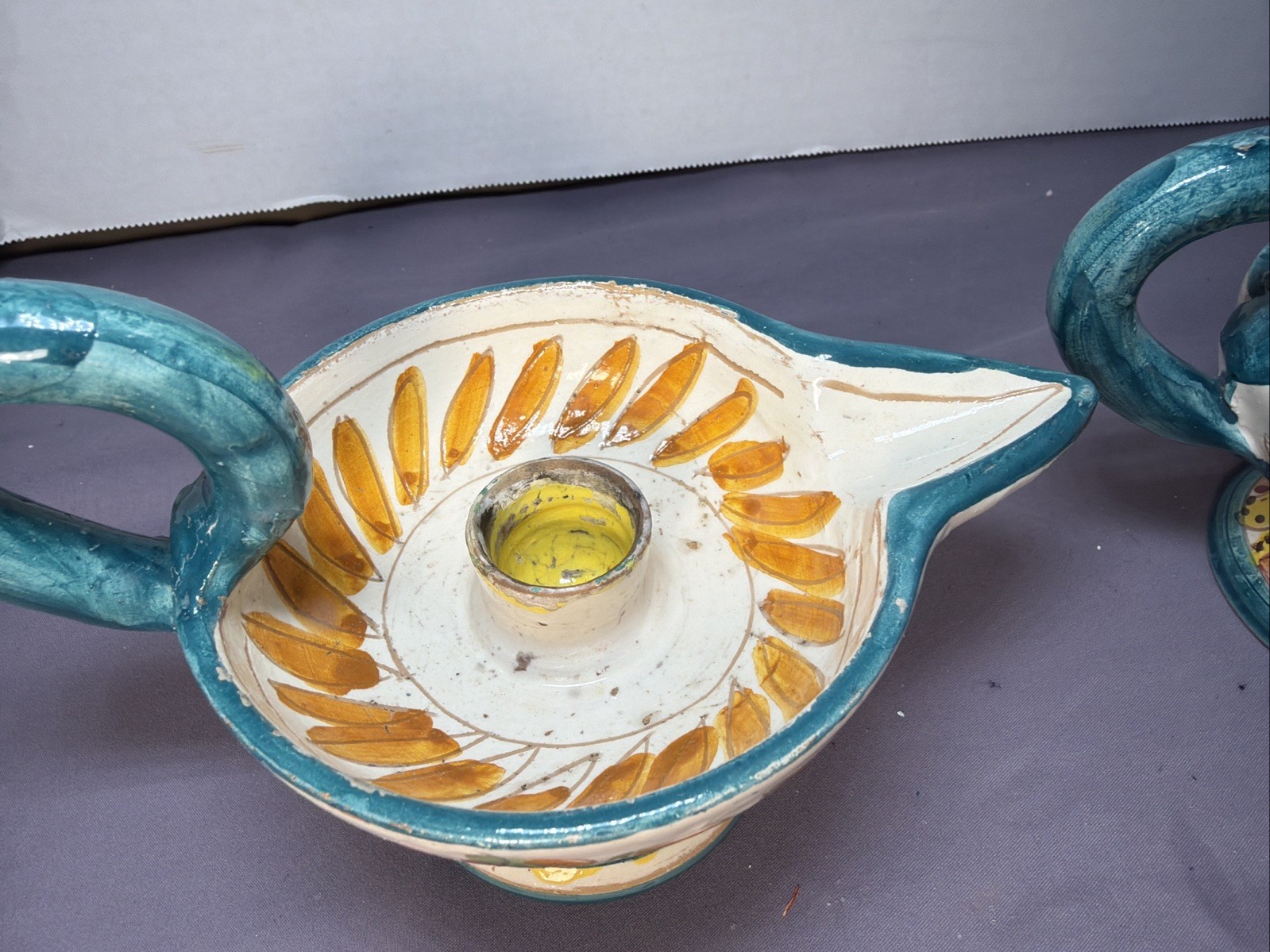 Vintage Aladdin Lamp Candle Holder Handpainted Italy Pottery Set Of 2