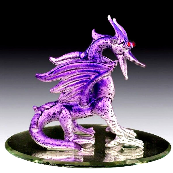 Dragon on round mirror base hand blown glass purple figurine fantasy decor