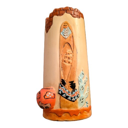 Studio Art Pottery Handmade Hand Painted Southwest Scene Vase Turquoise Glaze 8”