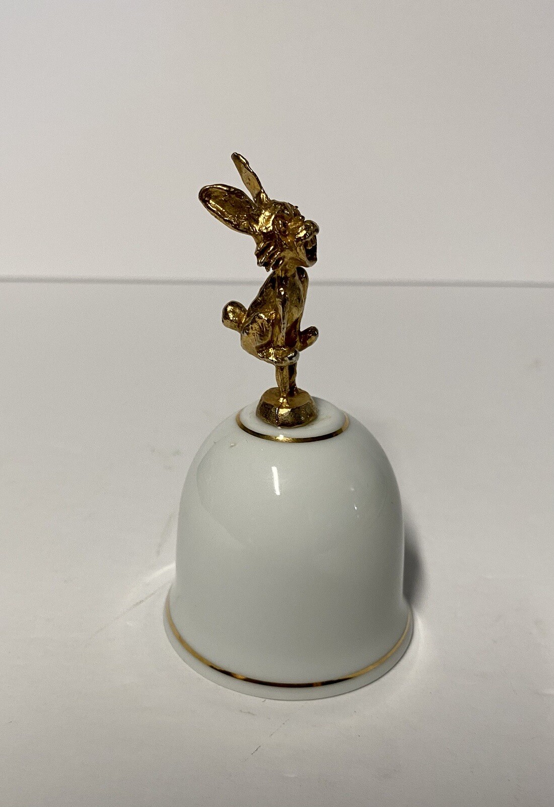 Vintage Bell White Ceramic Porcelain Gold Rabbit Metal Handle 4”