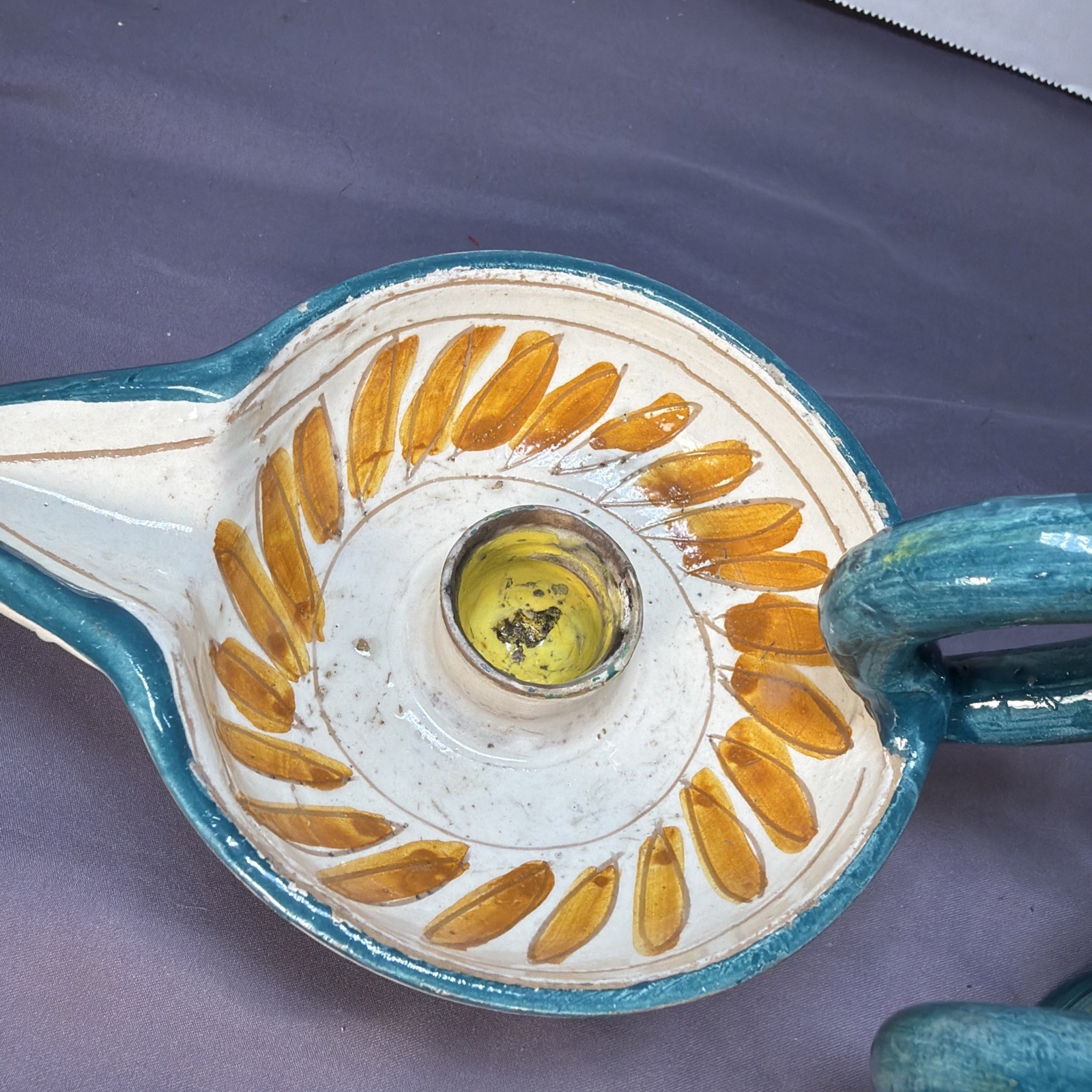 Vintage Aladdin Lamp Candle Holder Handpainted Italy Pottery Set Of 2