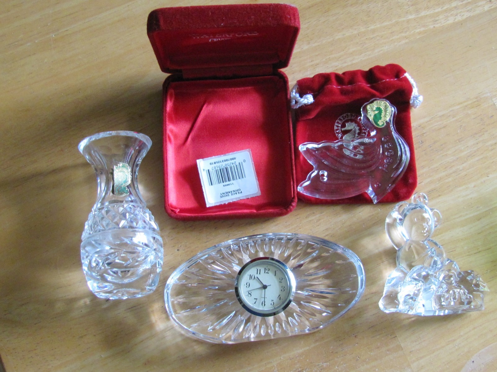 4 Waterford Crystal Glass Group 4″ Bud Vase Desk Clock Ornaments Peace & Bear