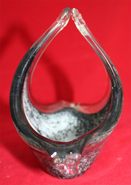 Vintage Murano, Italy Black/Gray Swirl Pattern Curved Handmade Art Glass Basket