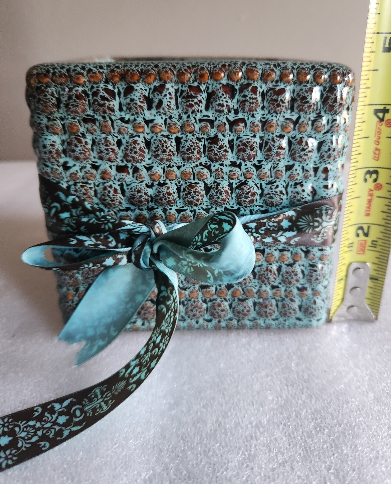 Square Ceramic Planter or Vase • Textured Aqua Blue & Brown Glaze • 4½”×4¾”×4¾”