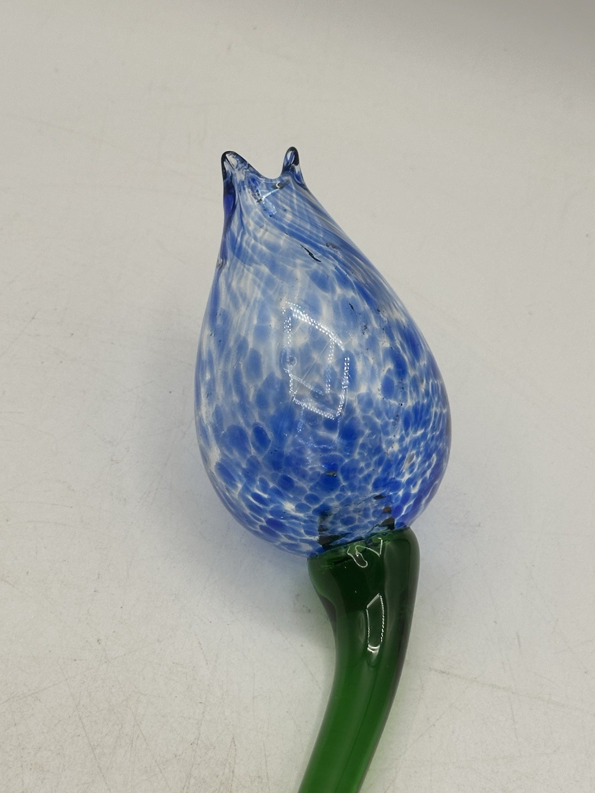 Blown Art Glass Swirling Speckle Blue Flower With Green Stem 20” OA