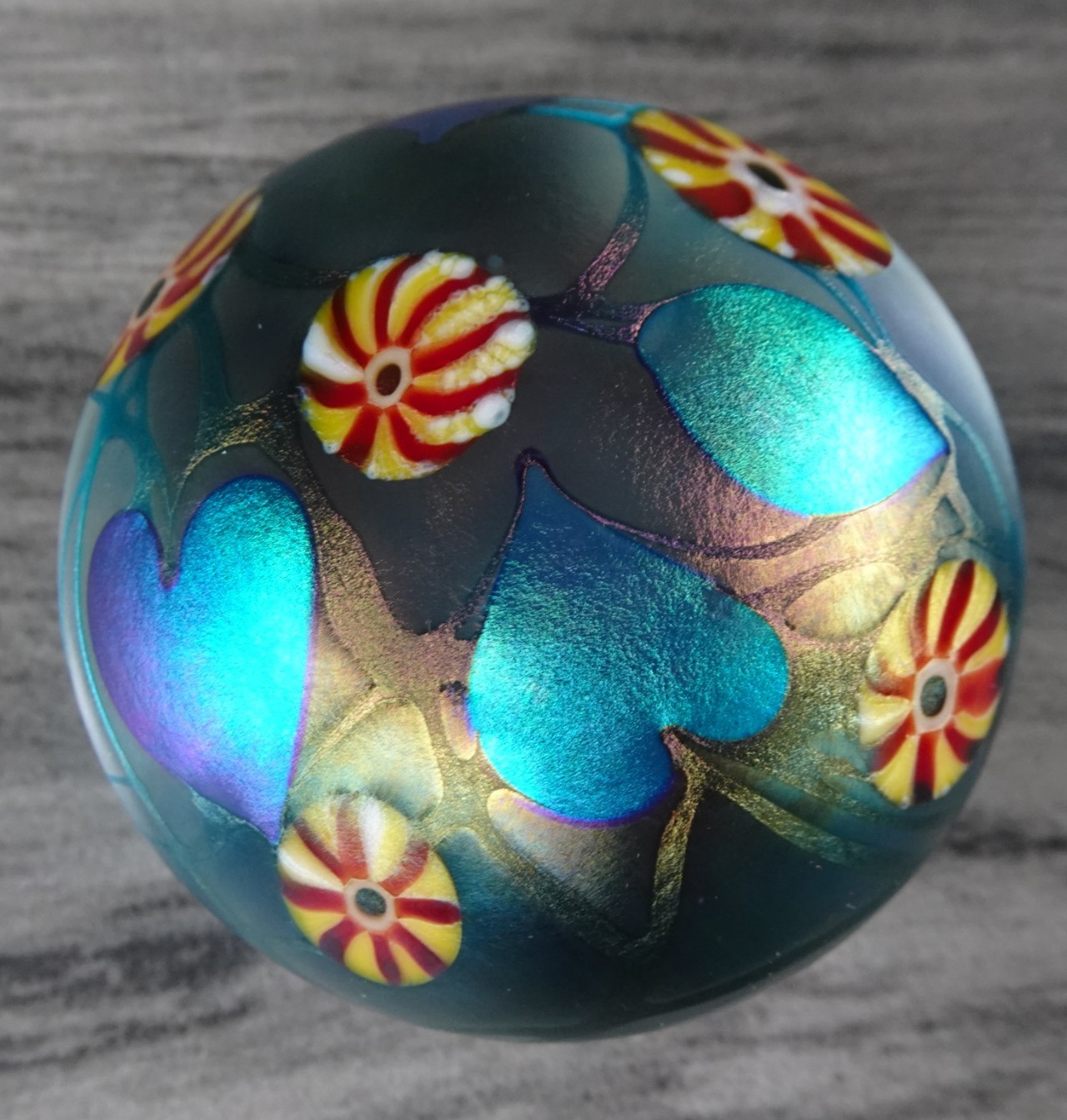 Signed David Lotton 1977 Blue Aurene Heart & Vine Iridescent Paperweight