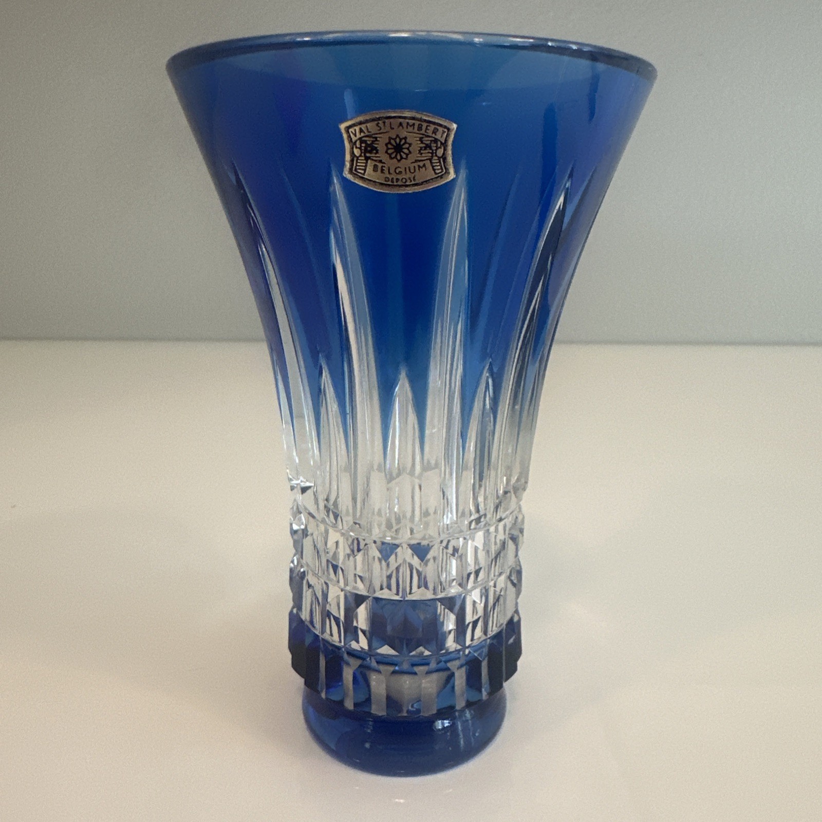 Val St Lambert Signed Cobalt Blue & Clear Crystal 6″ Vase ~ EXQUISITE!