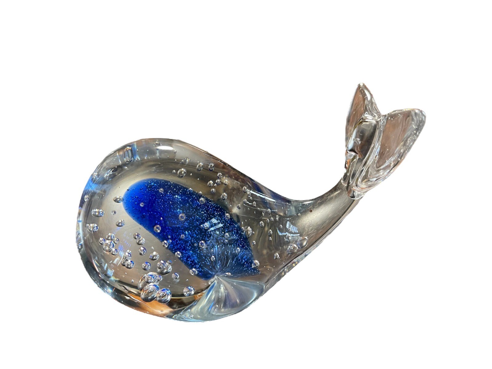 small glass clear and blue whale paperweight Approx 4 In X 3in