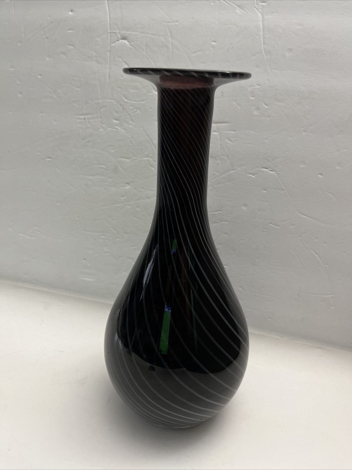 Vintage murano glass Italian Hand Blown Black, Gray White Twisted Swirls 11.5”