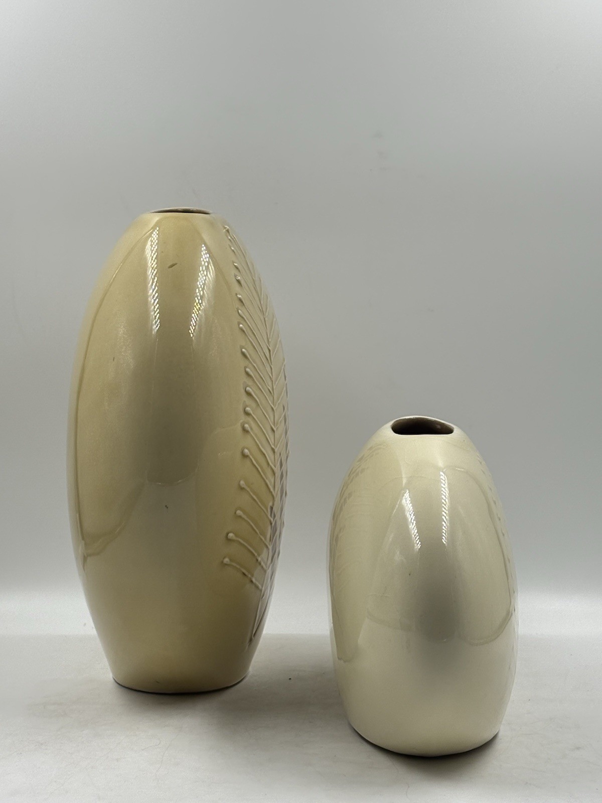 Pair Of Two MCM Vintage Fern Vases Retro With Raised Fern Print Ceramic
