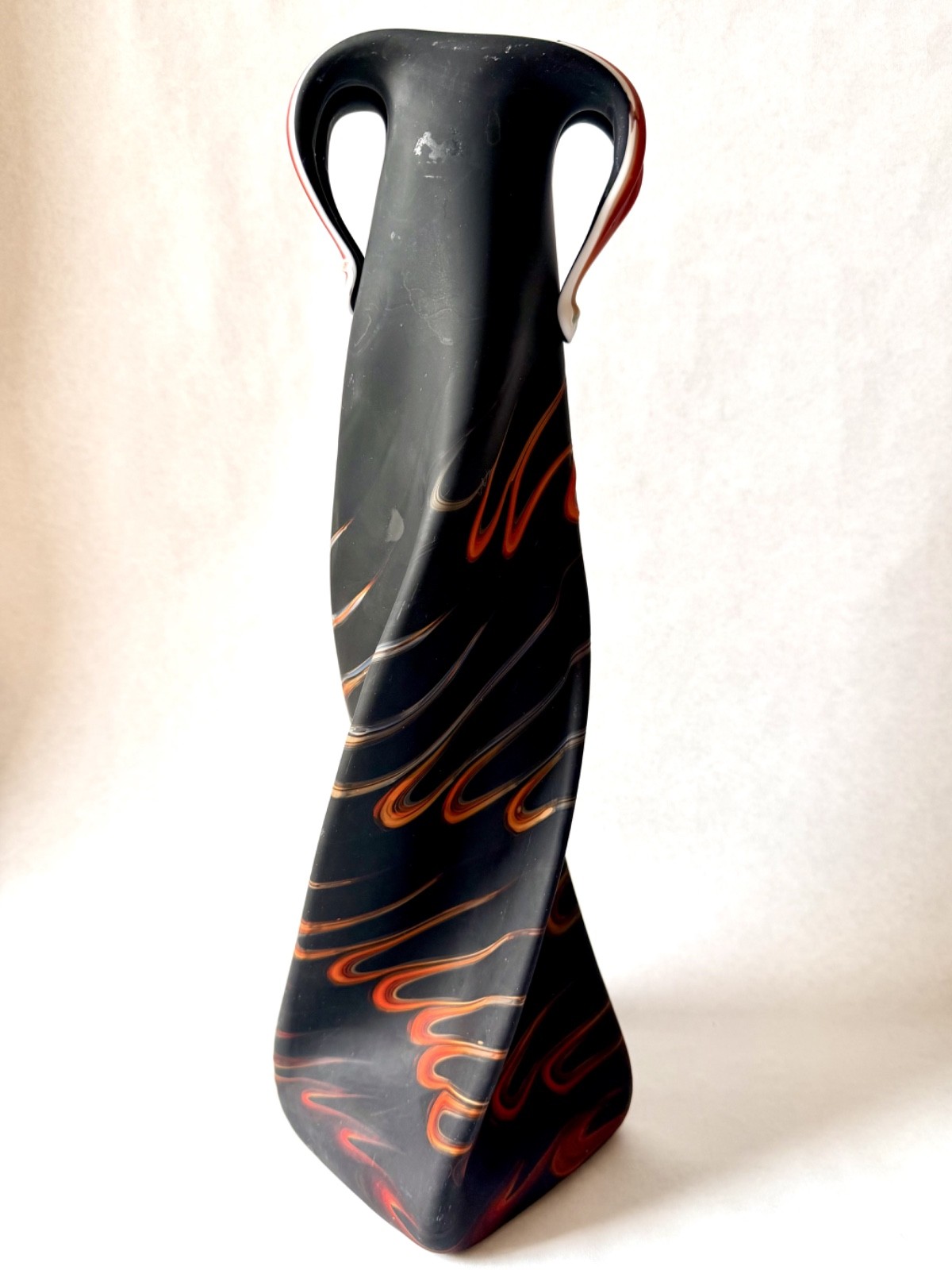 Vintage Azerbaijan Art Glass Vase Black Red Swirl 16.5” Soviet Mid Century Moder