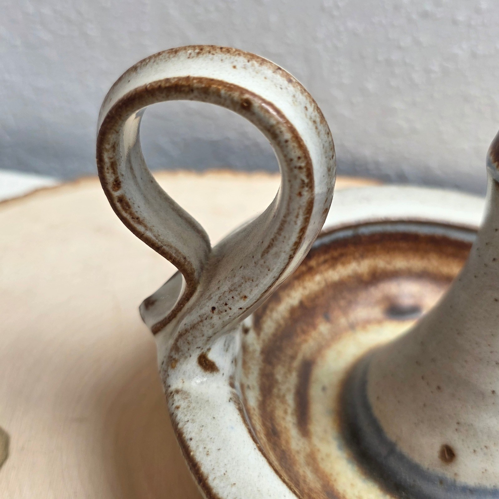 Vintage Studio Pottery Chamberstick Candle Holder Speckled Brown Cream Stoneware