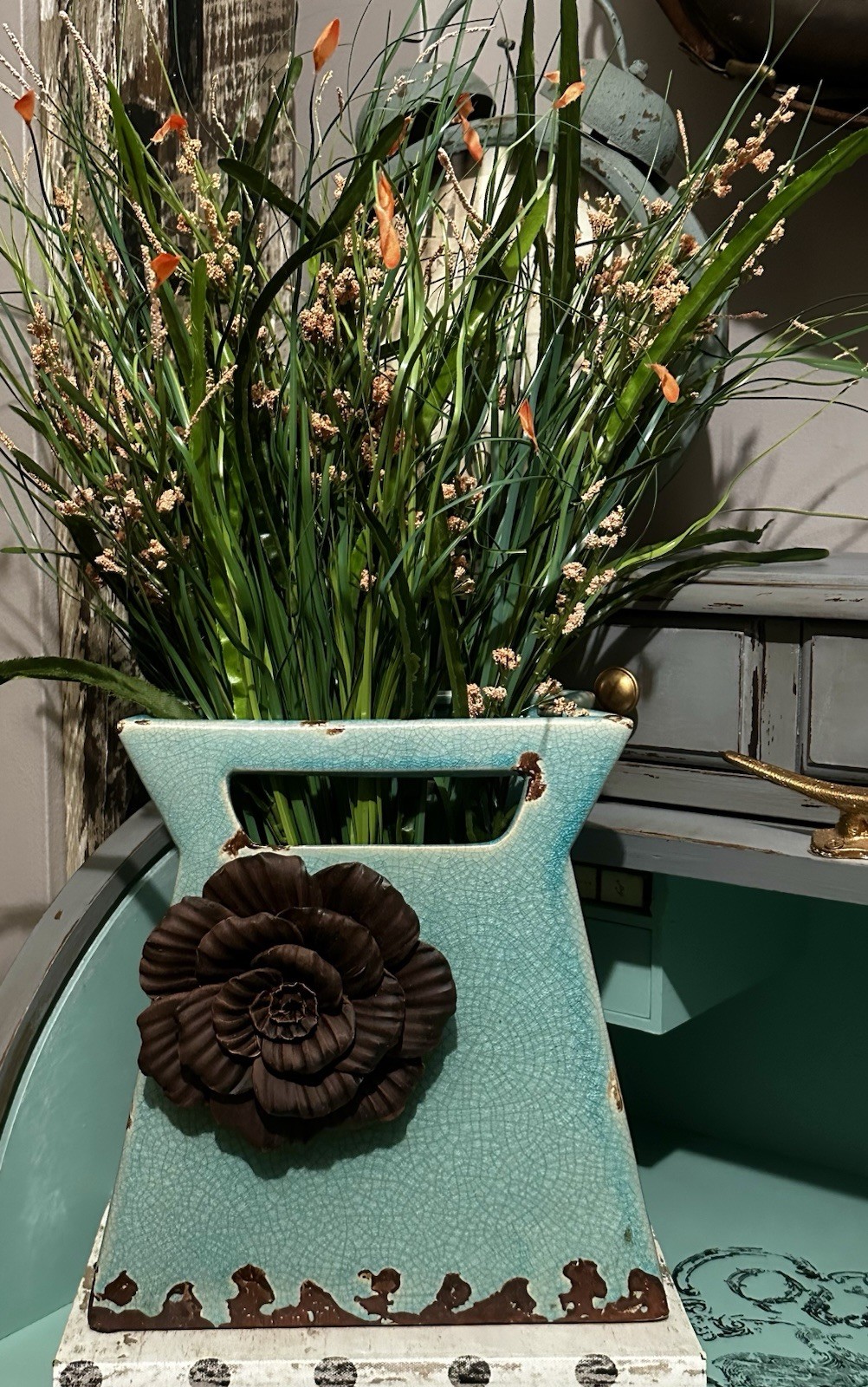 Unique Crackle Glazed Turquoise Distressed Decorative Pottery Vase Rustic/Floral