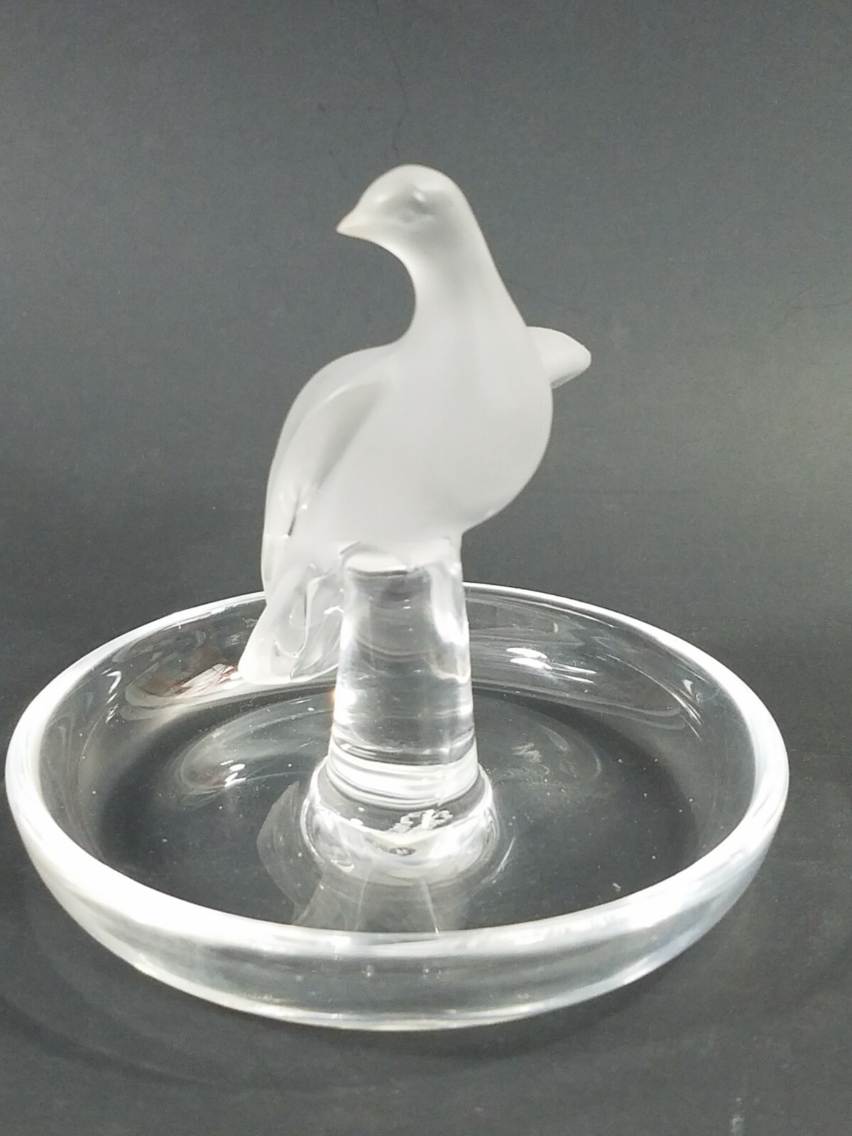 Lalique Crystal Trinket Pin Nut Dish with Love Bird/Dove Figure Motif France
