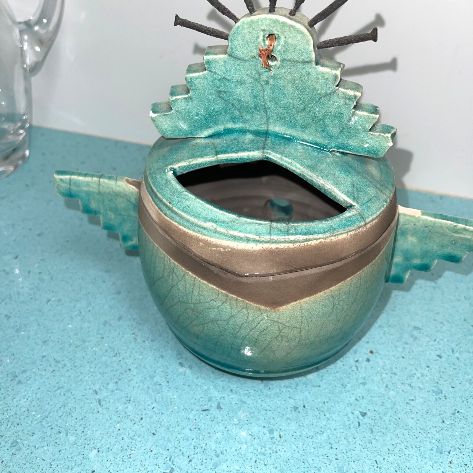 Barbara Heard Ceramic Lantern Bird Head Signed Pottery Blue Gray Handmade Candle