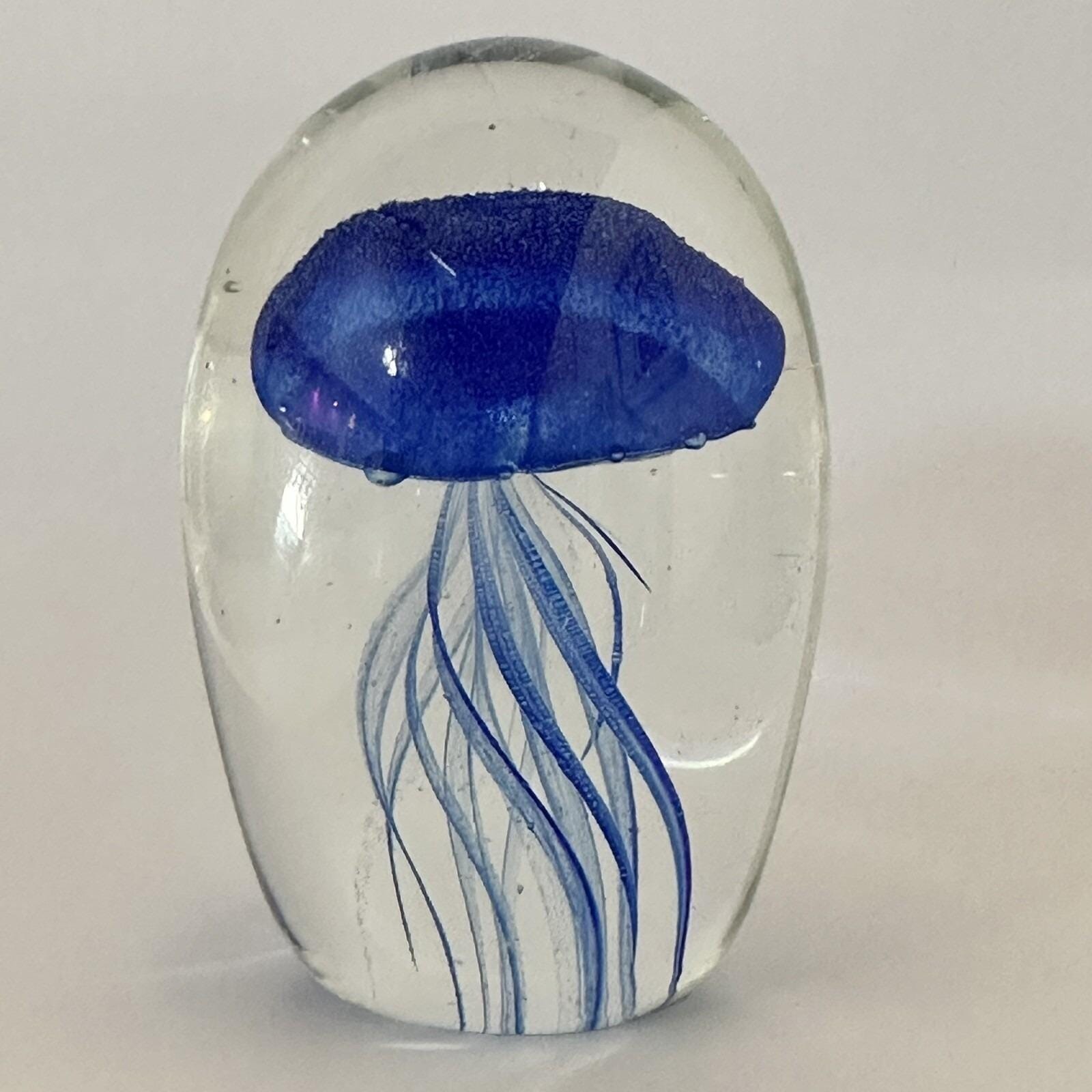 Blue Jellyfish Art Glass Paperweight Nautical Ocean Decor Figurine 3.25 Inch