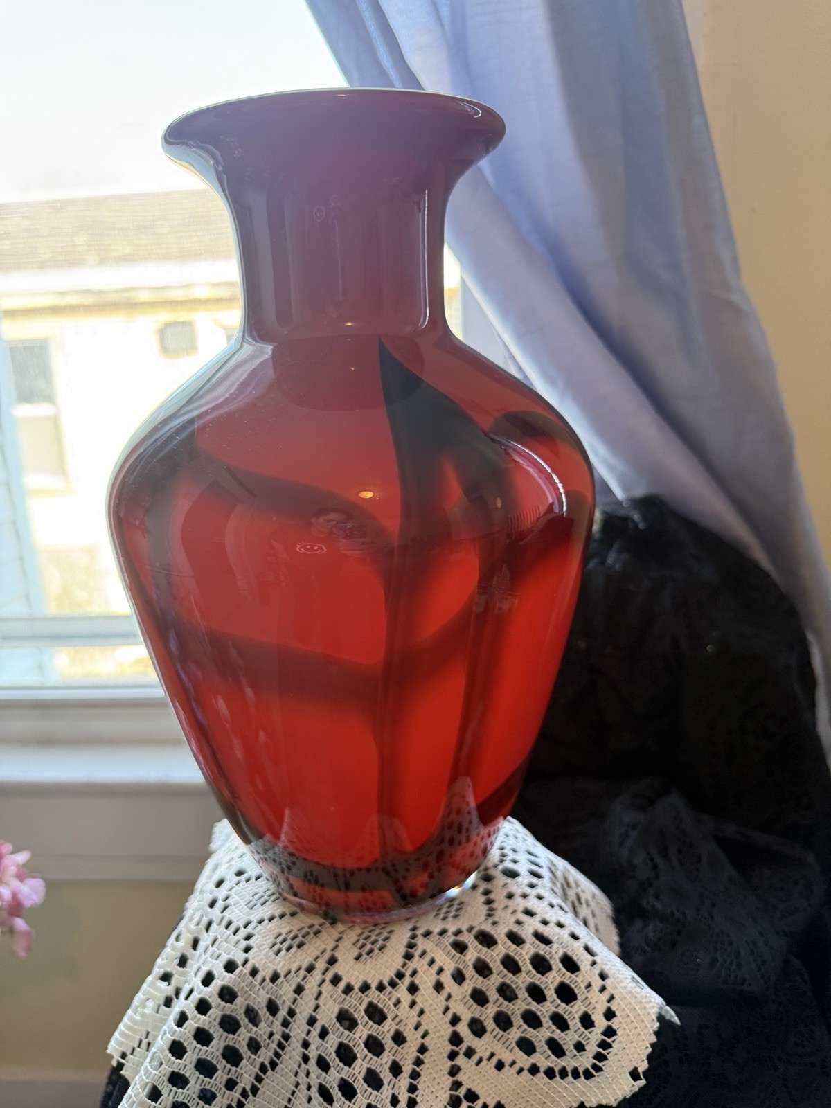 Red Black Glass Decorative Vase, Glossy Finish, 12 in Height, 6 in Width