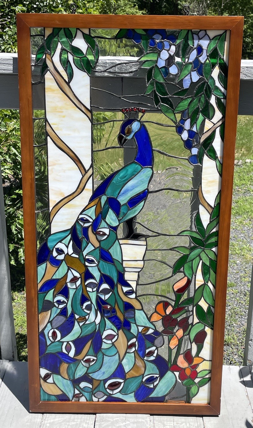 LARGE Vintage Handcrafted Stained Glass Peacock Window Panel 40×20” Wood Frame