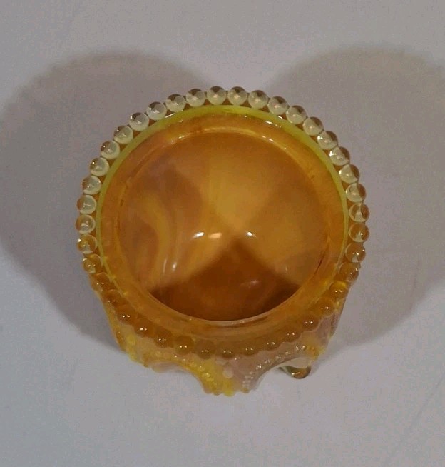 Boyd Glass Gypsy Pot Cauldron Toothpick Candle Holder Yellow Orange Slag UV Glow