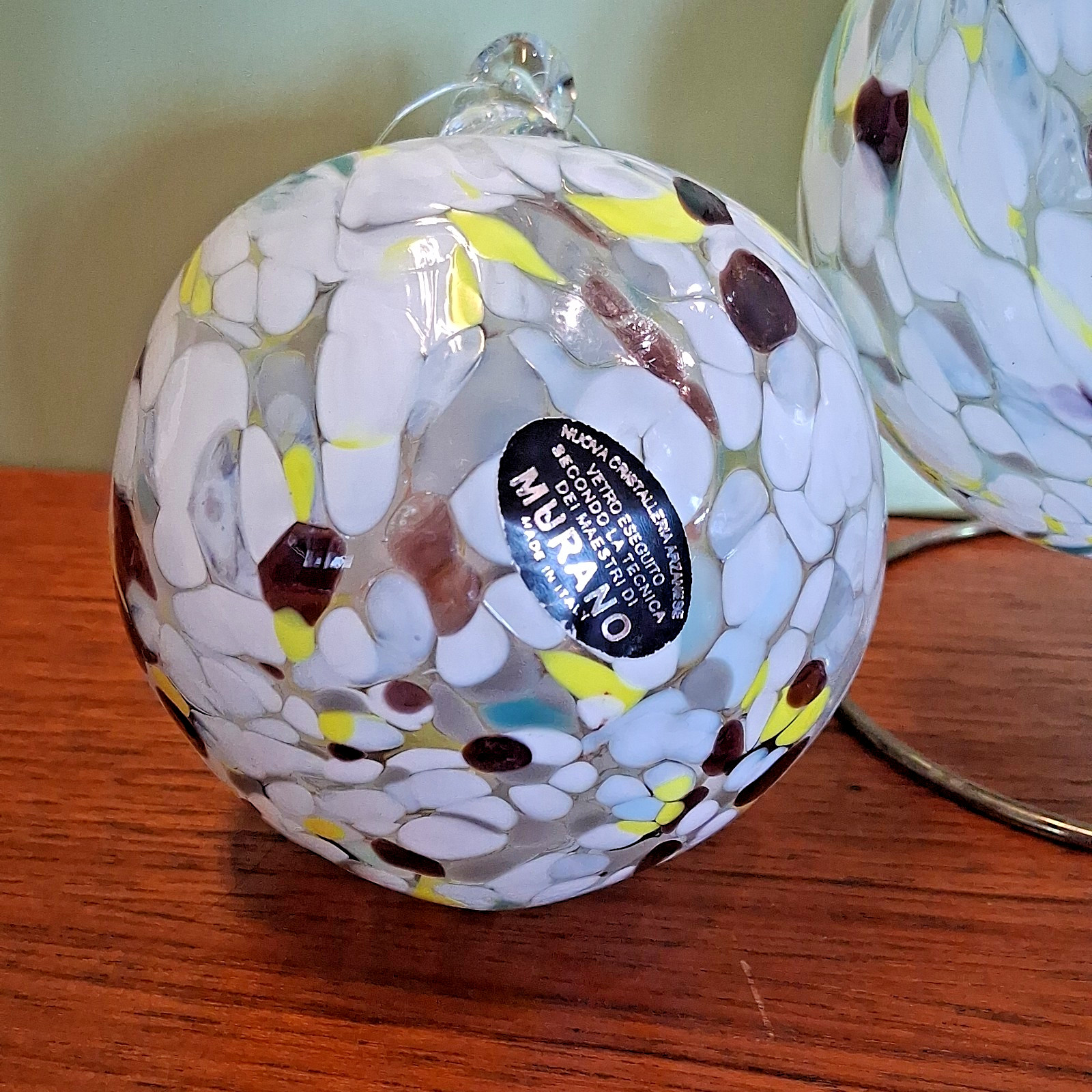 Set of 2 Murano Millefiori Glass Ball Decor/Ornament White/Yellow/Brown/Lt Green