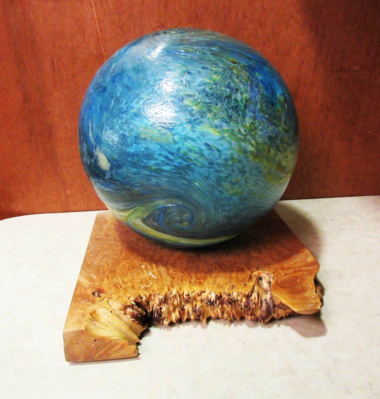 Large Hand Blown Glass Sea Float Blue Swirls 8″ with Wood Stand – Made in Oregon