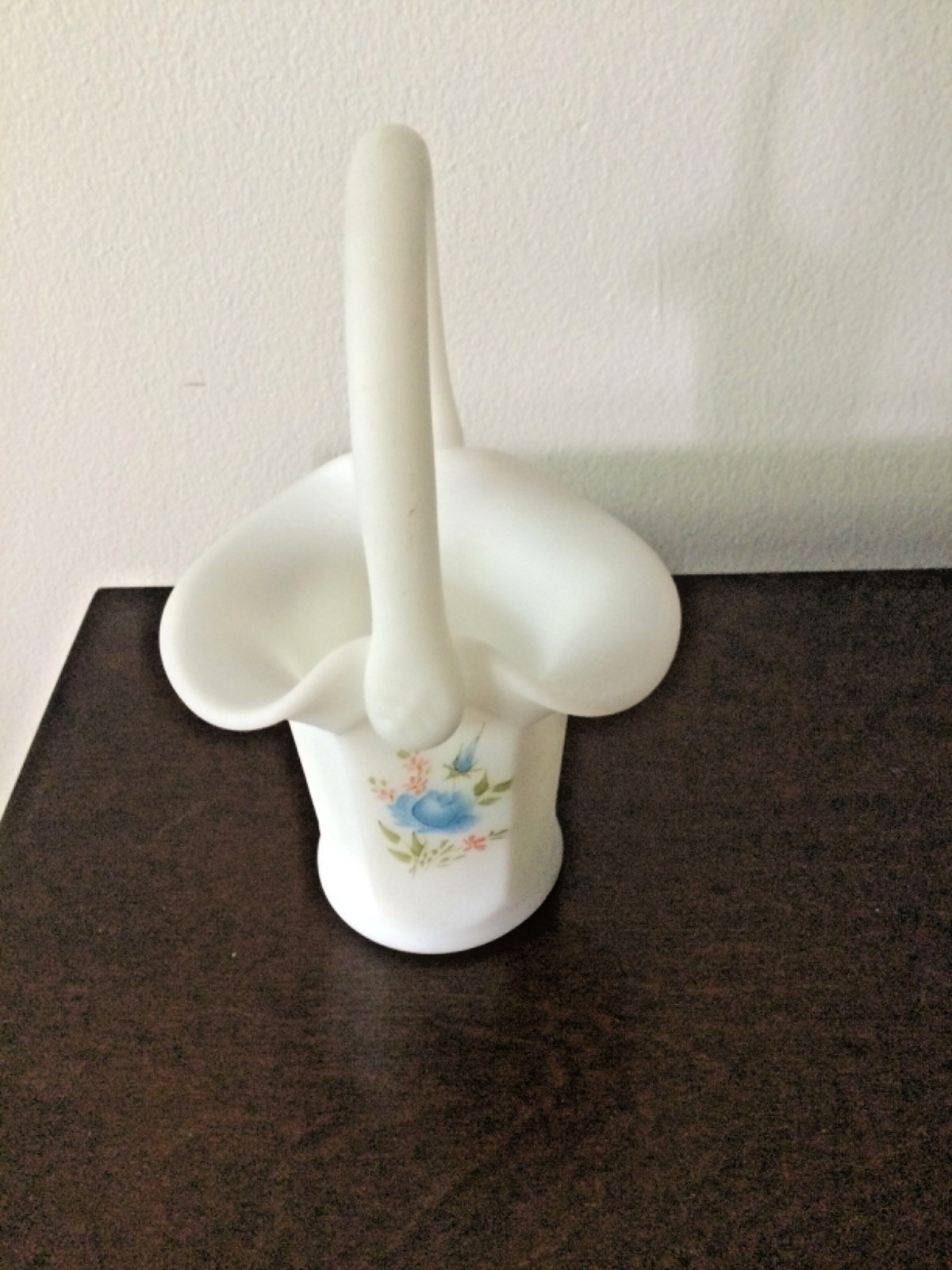Vintage Fenton Satin Basket Hand Painted Blue Flowers Six Panels Signed