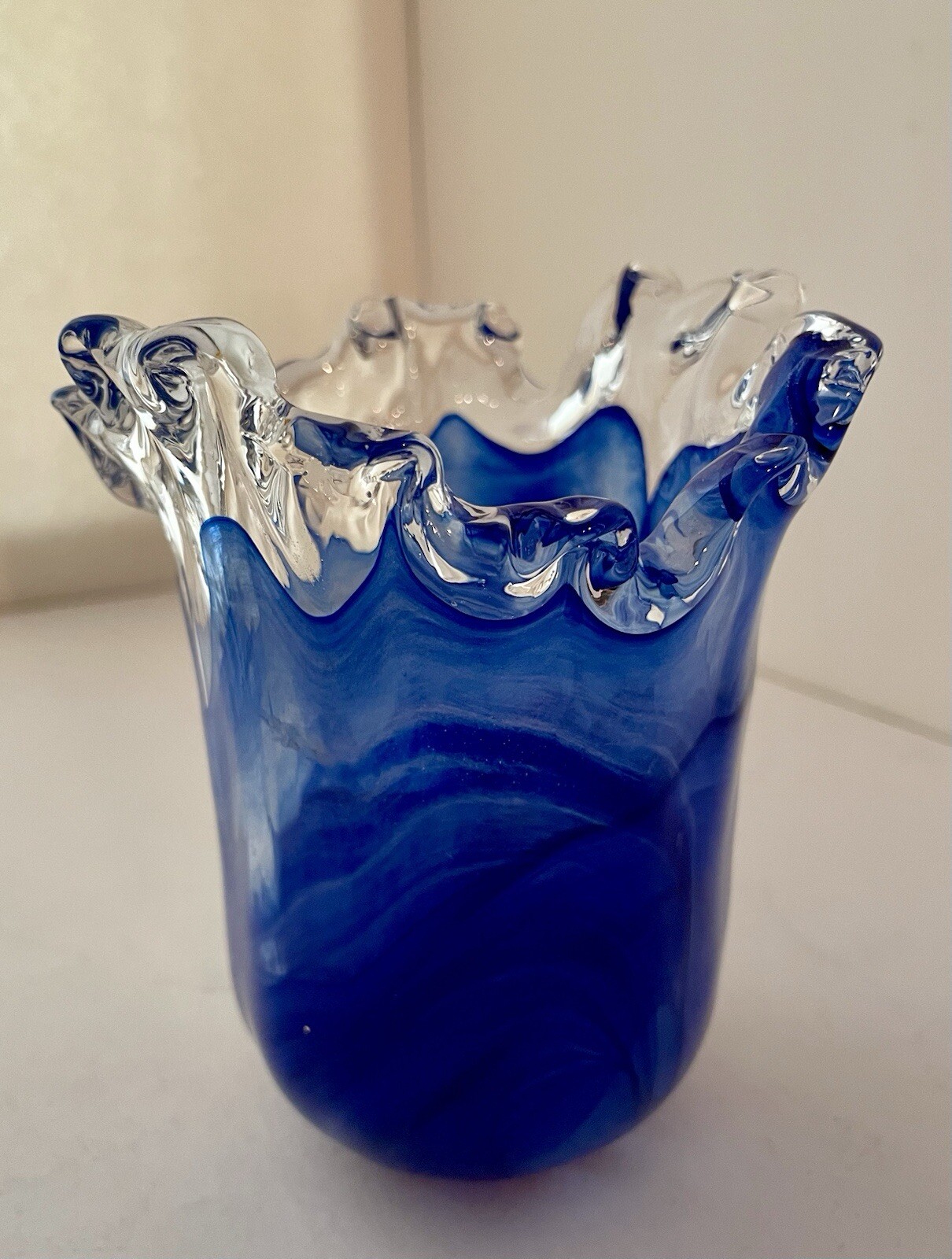 Murano White Cristal Cobalt And Clear Made In Italy Glass Vase